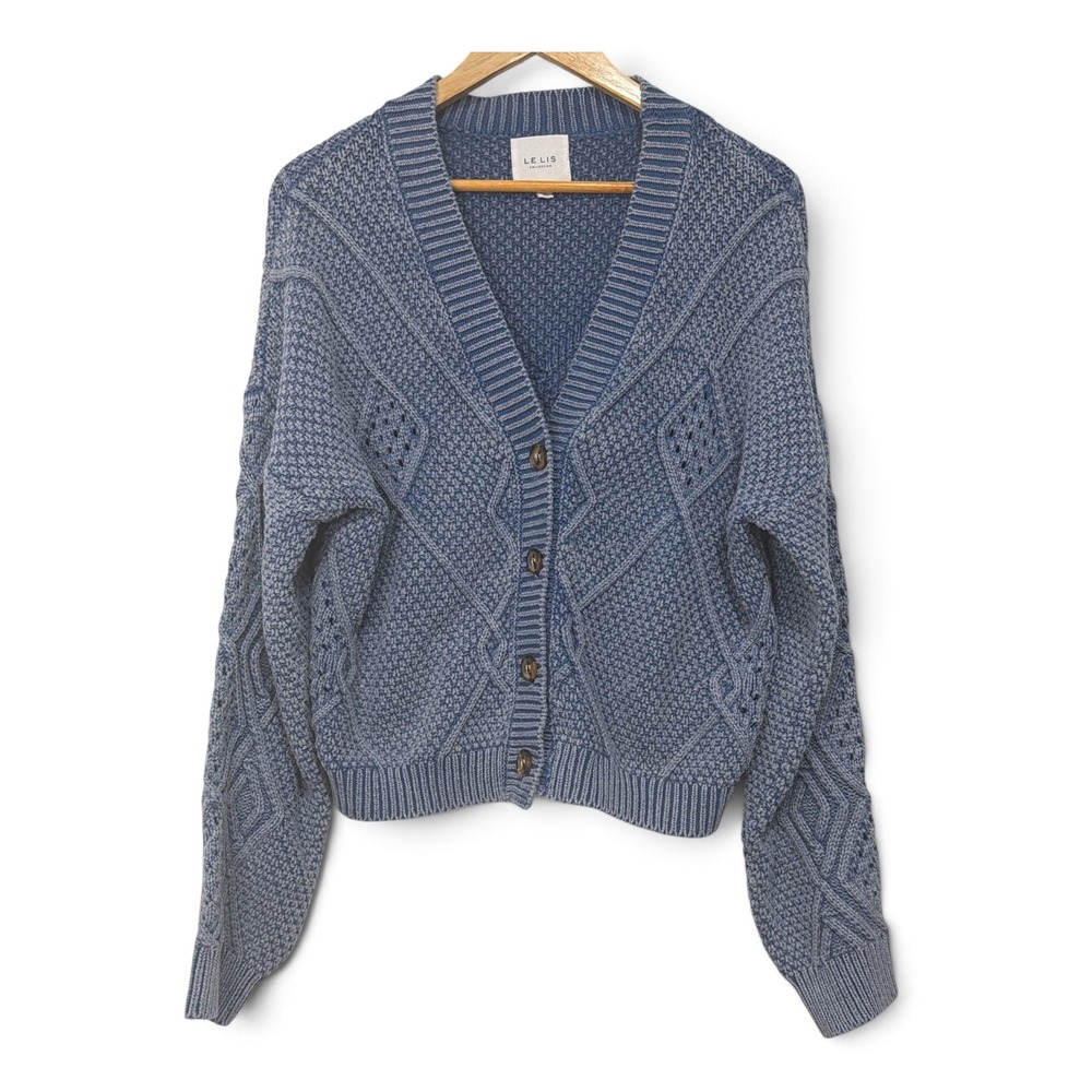 Le Lis Collection Blue Acid Wash Cable Knit Cropped V-Neck Cardigan Sweater